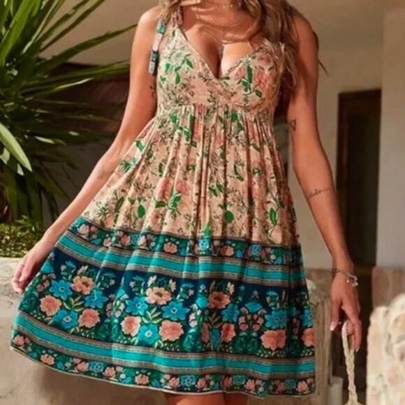 Unbranded Dresses & Skirts - Boho Rayon Orange Teal Floral Halter Tie Empire Waist Mini Dress Women's Small